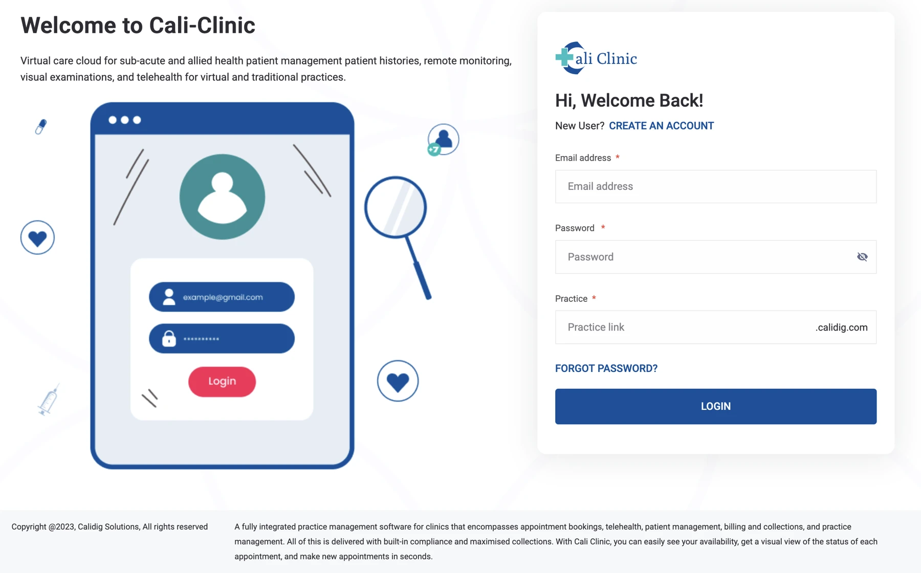 Cali Clinic virtual-care platform login page