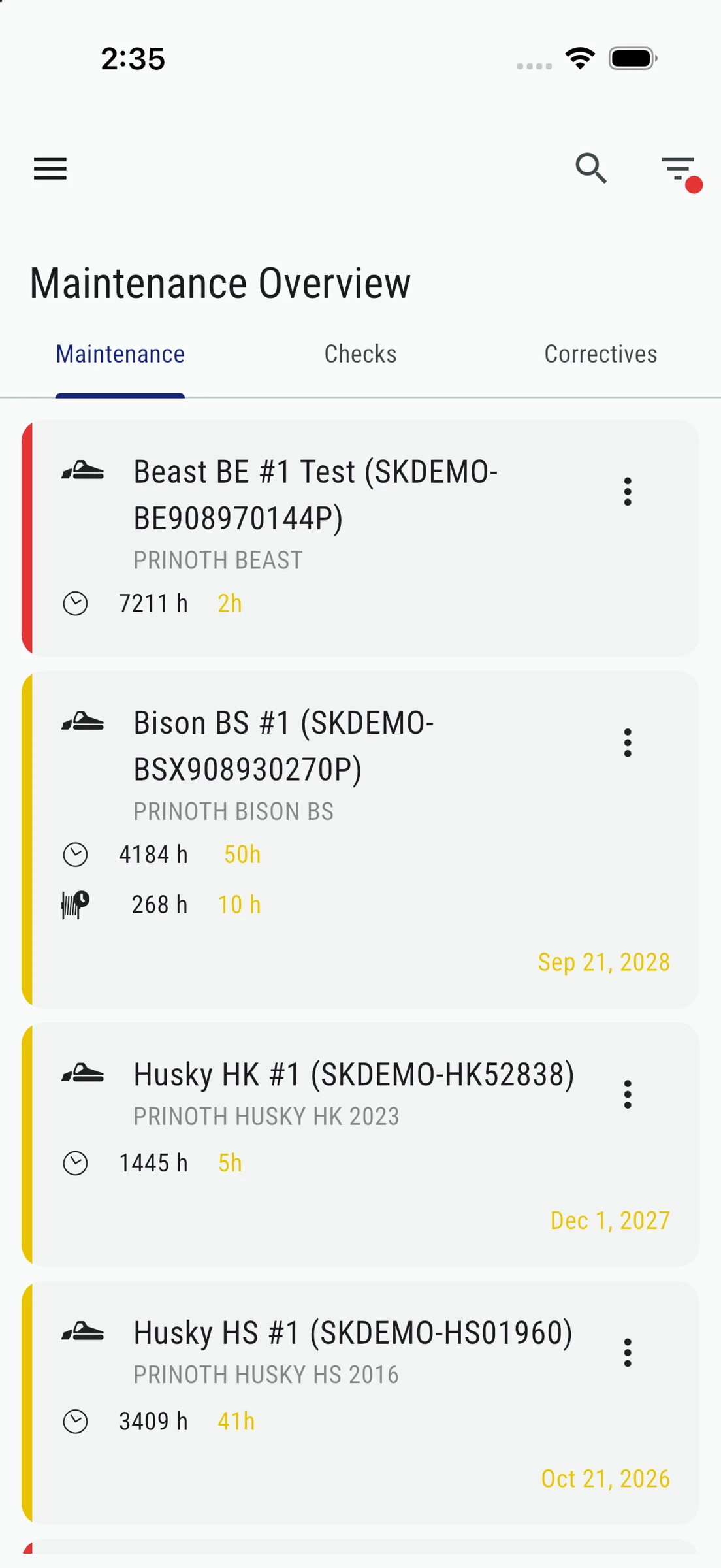 Skadii Maintenance Overview showing machinery maintenance tasks